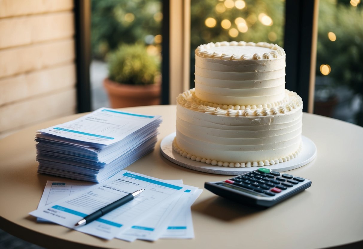 A wedding cake sits on a table next to a stack of invoices and a calculator, symbolizing the integration of the cake cost into overall wedding expenses