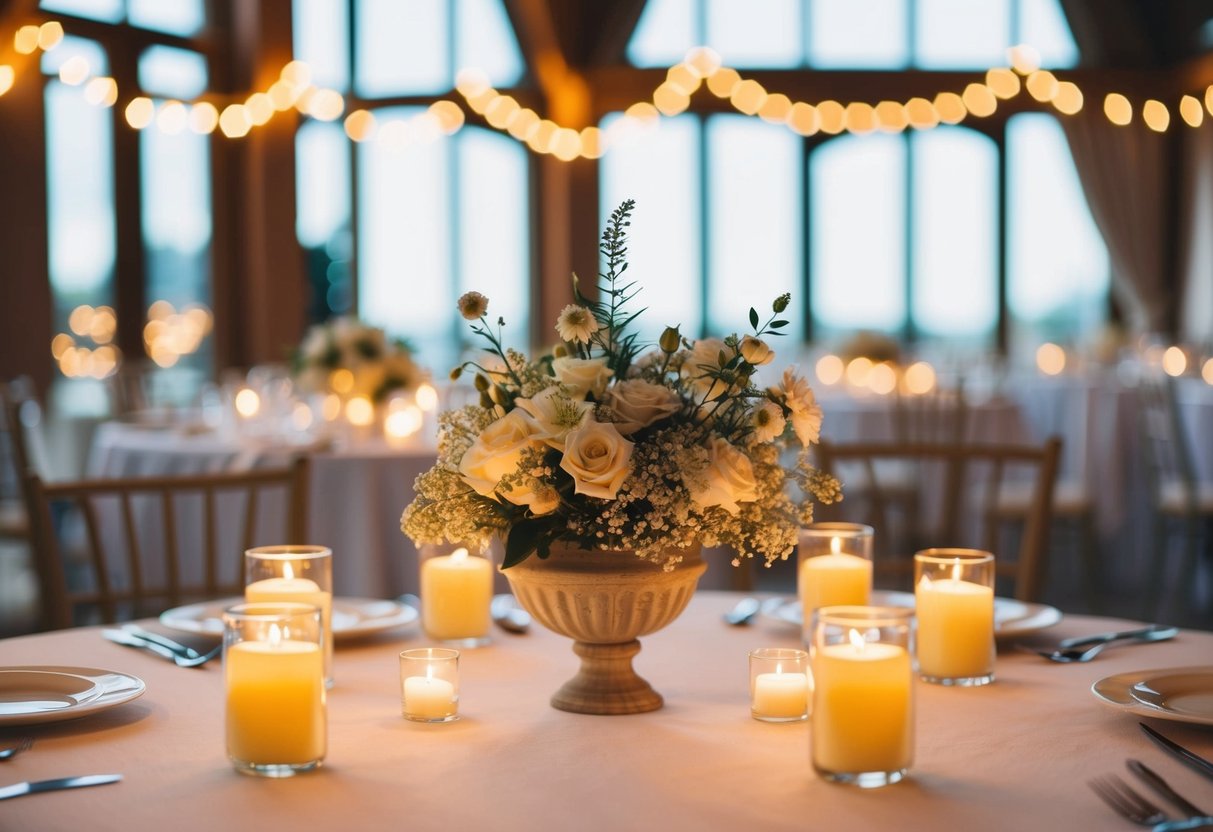 A small, intimate wedding with a cozy setting, adorned with delicate flowers and soft candlelight