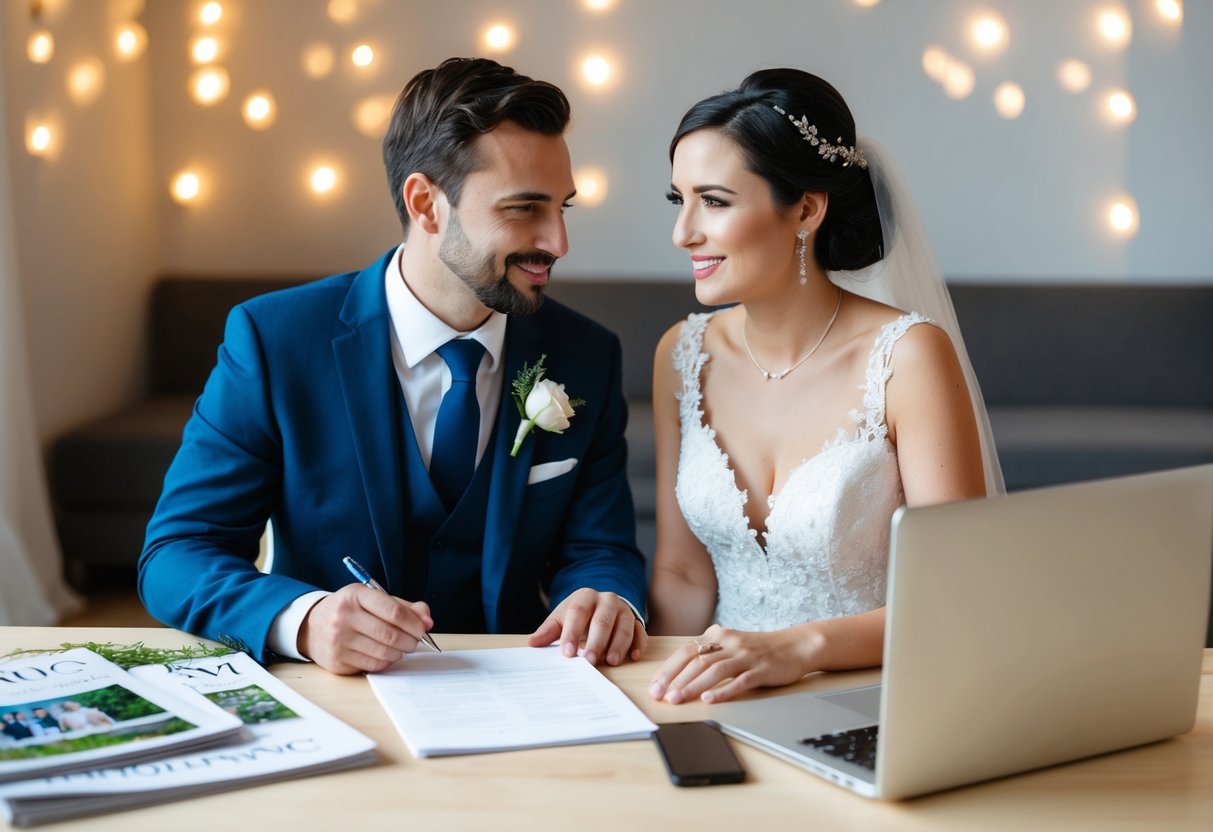 A couple sits at a table with a pen and paper, discussing and finalizing their guest list for a small wedding. A laptop and wedding magazines are scattered around for inspiration