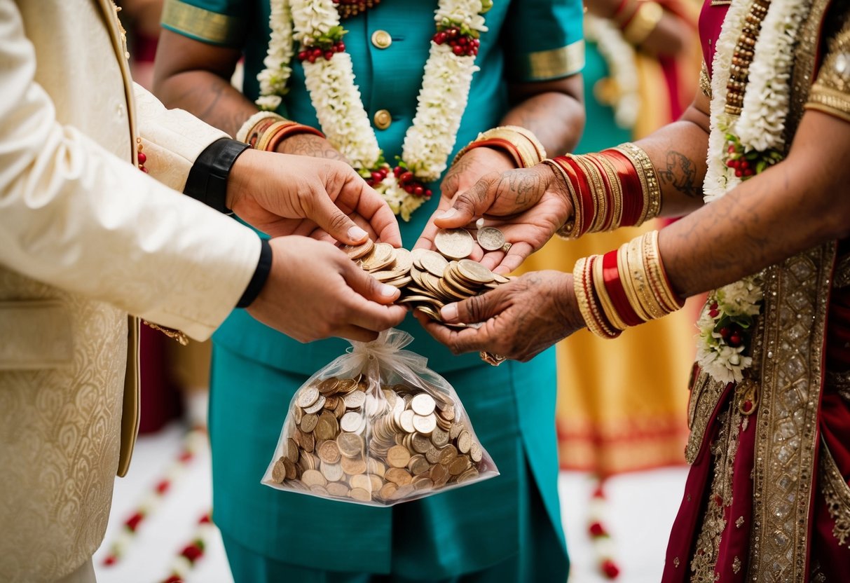 A groom's family hands over a bag of coins to the bride's family as a traditional gesture of covering wedding expenses