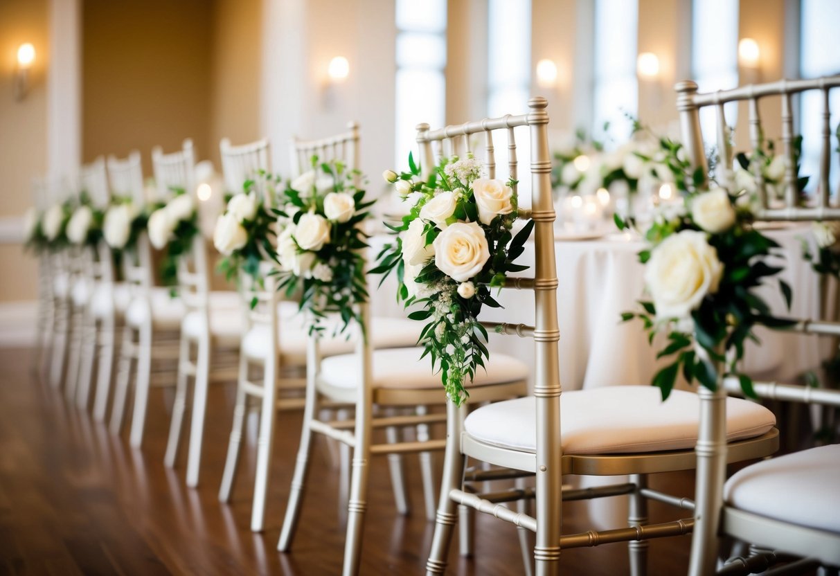 A beautifully decorated first row at a wedding, with elegant chairs and a floral arrangement