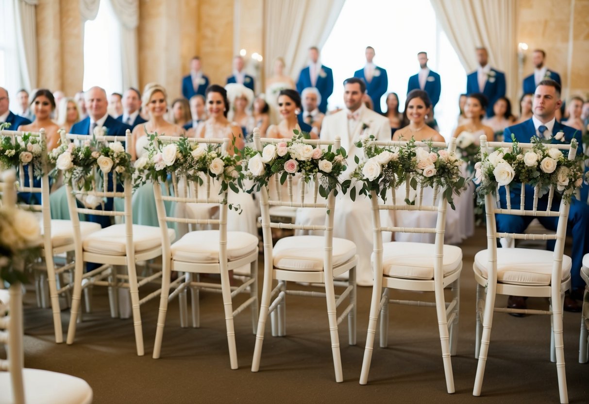 The first row at a wedding ceremony, typically reserved for immediate family and VIP guests, is adorned with elegant chairs and floral decorations