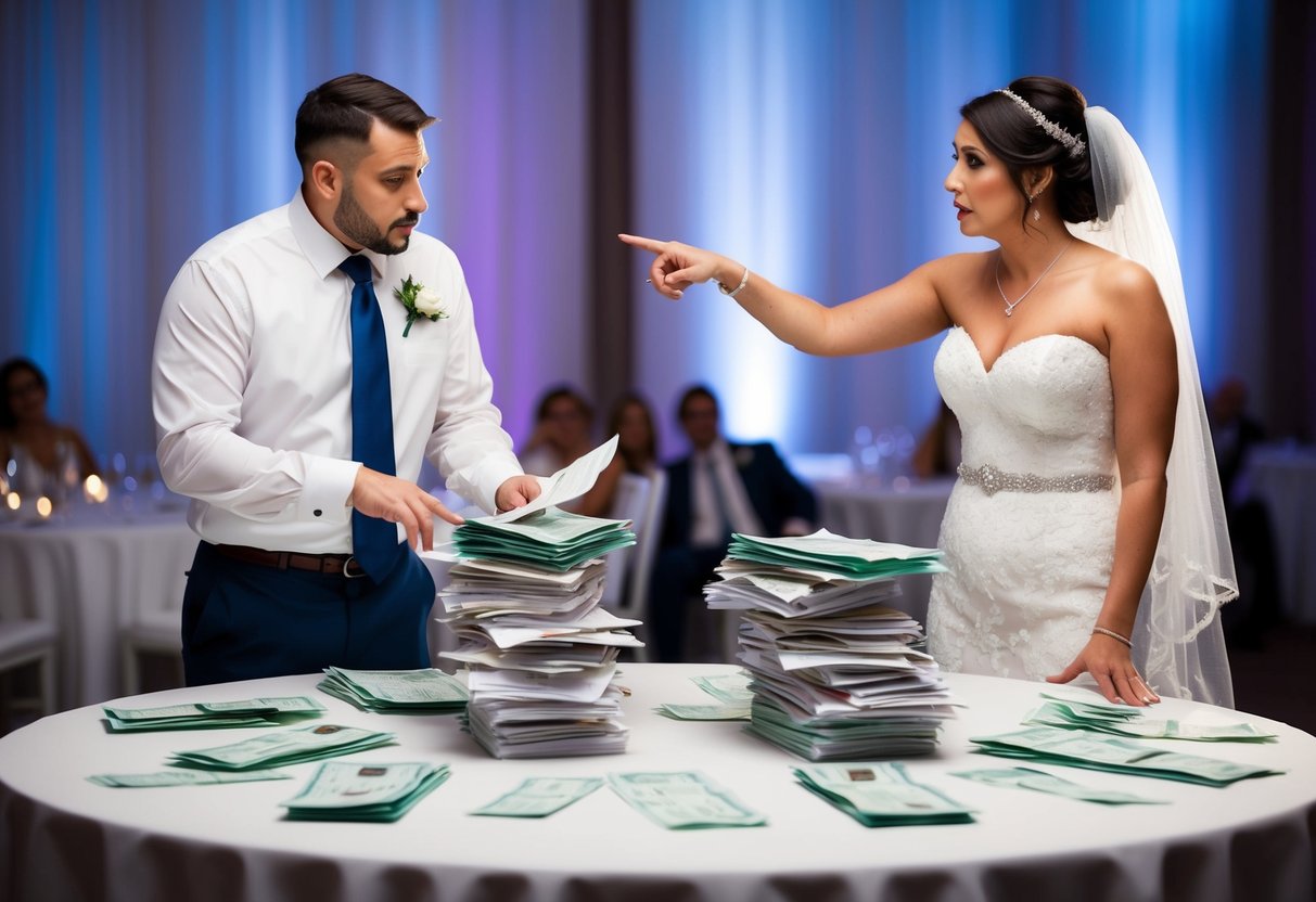 A bride and groom stand at a reception table with a stack of bills and receipts. The groom looks concerned while the bride gestures towards the expenses