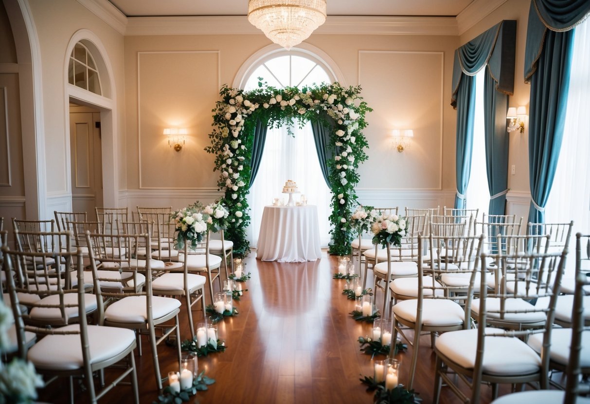 A beautifully decorated wedding venue with elegantly arranged seating in the first row