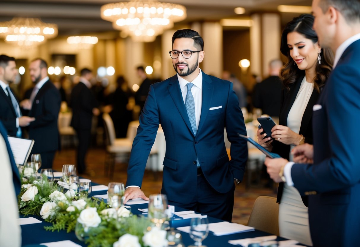 An event coordinator oversees logistics at a busy venue, while an event planner organizes and designs details for a high-end corporate event