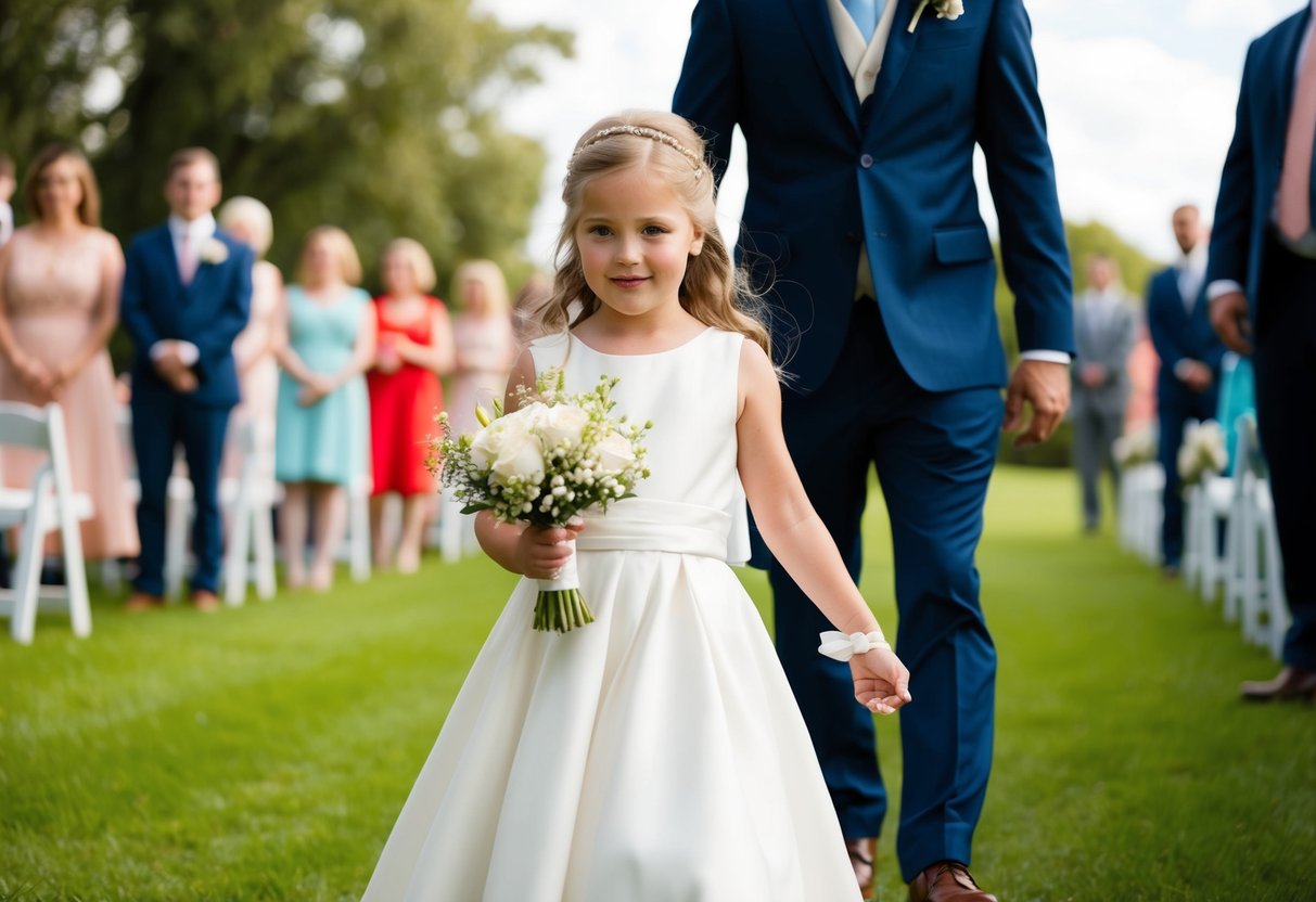 A flower girl walks out after the bride and groom