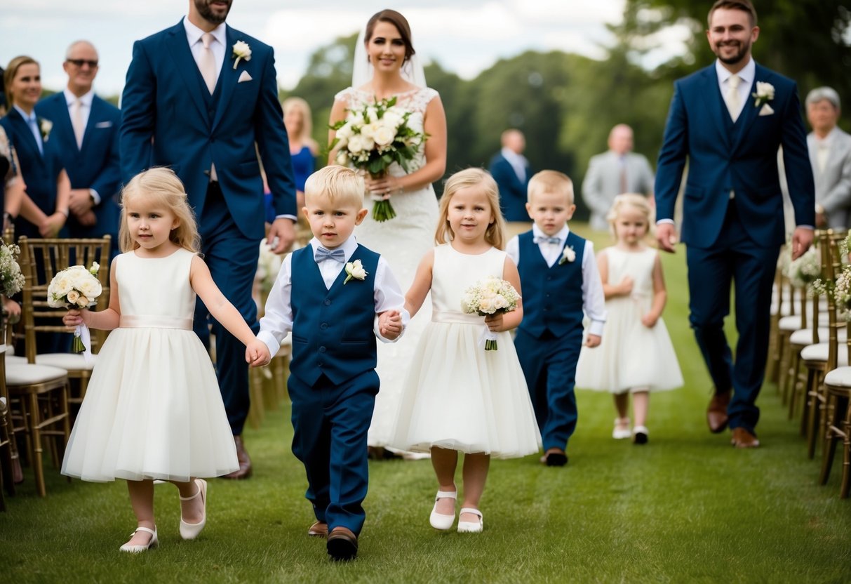 A line of flower girls and ring bearers follow the bride and groom in the wedding processional