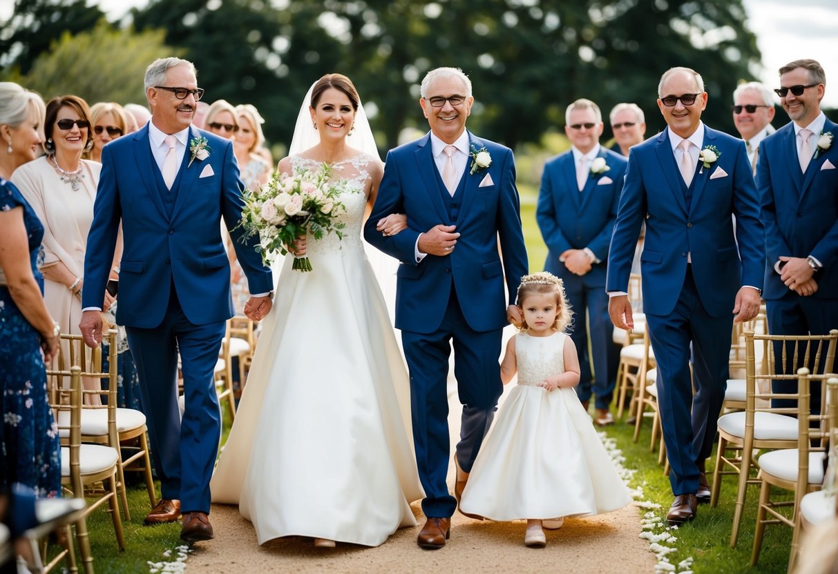 The parents of the bride and groom walk out together, followed by the siblings and close family members in the processional