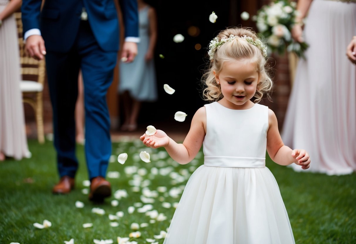 A flower girl walks out after the bride and groom, scattering petals