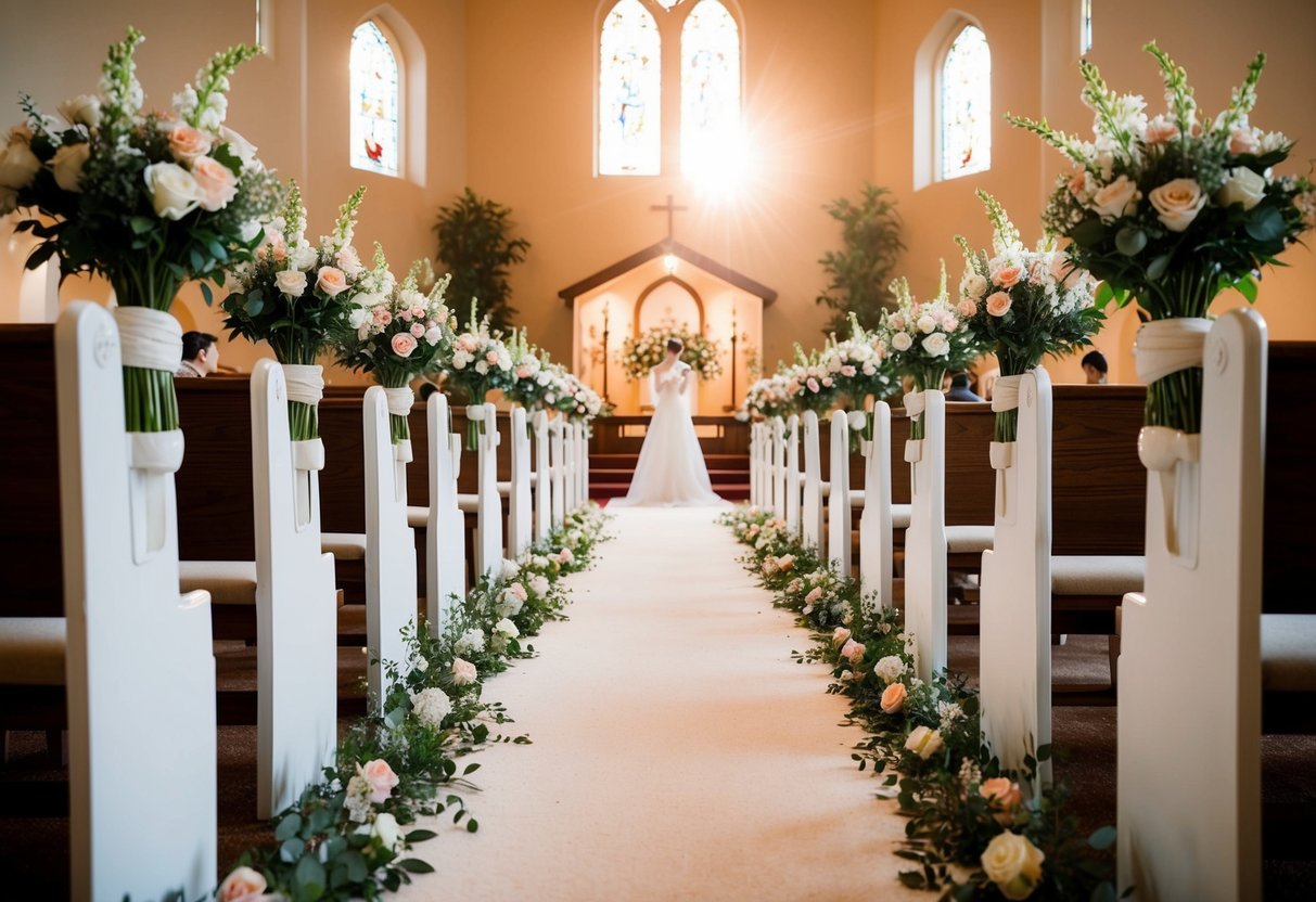 A flower-strewn aisle leading out of a sunlit chapel