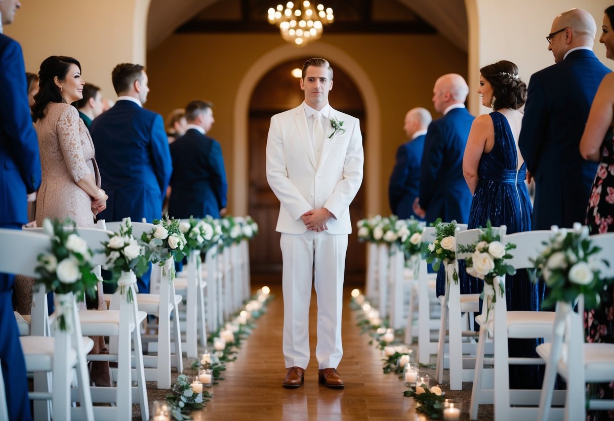 A figure stands at the front of the aisle, waiting for the groom to walk down