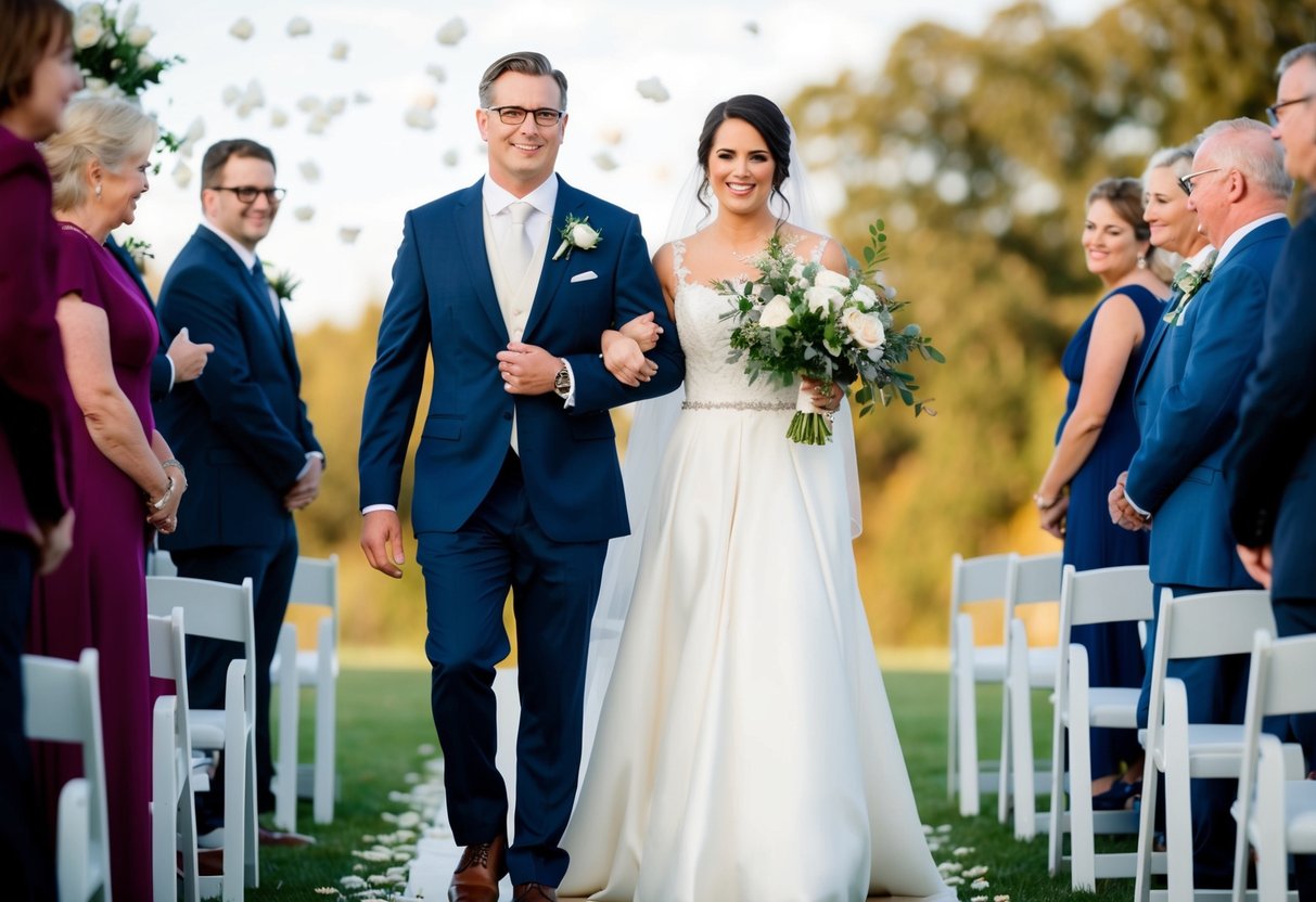 A figure with a formal attire walks alongside the groom, guiding him down the aisle