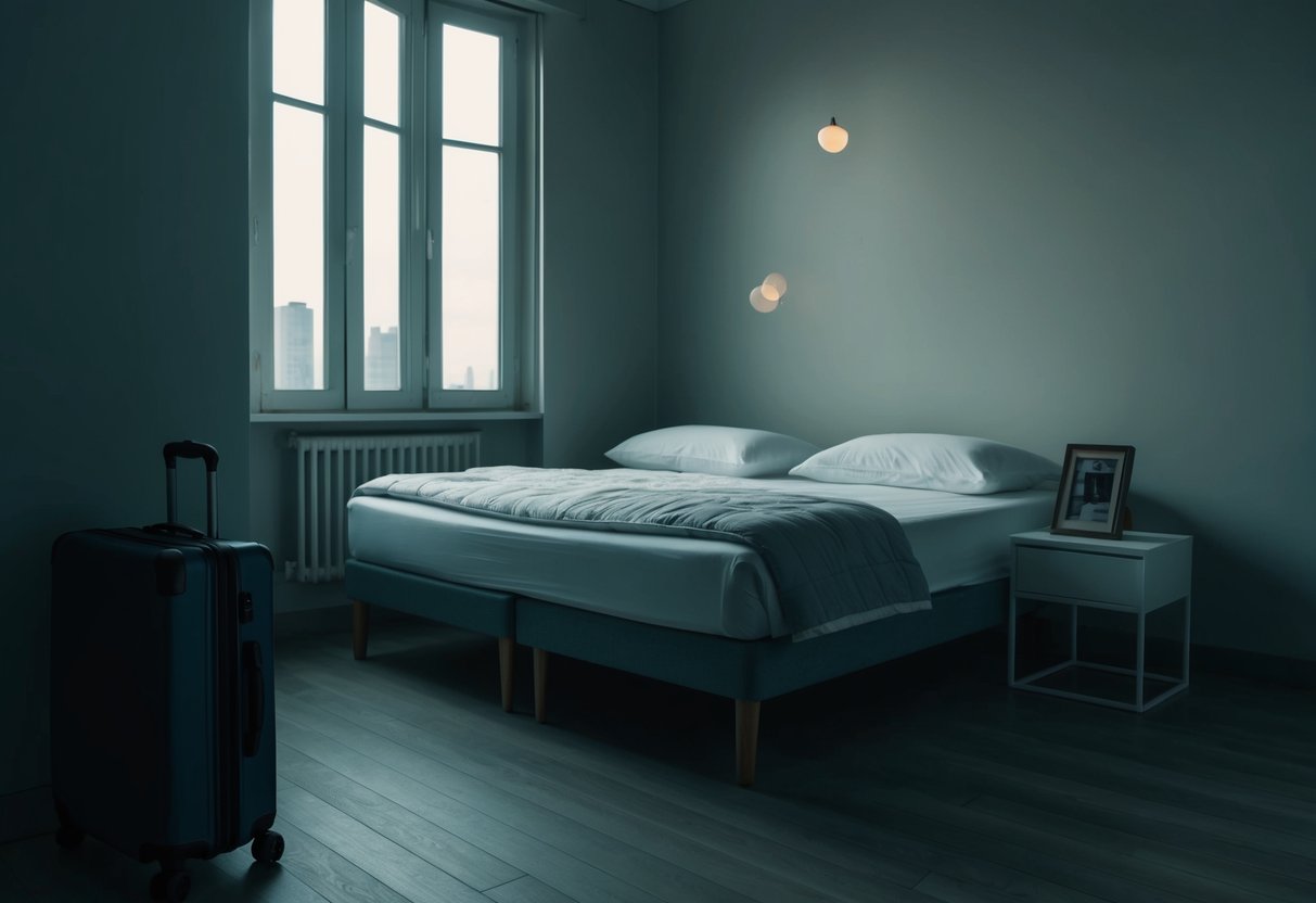 A desolate, empty bed on one side of a dimly lit room, with a suitcase and a photo frame on the nightstand