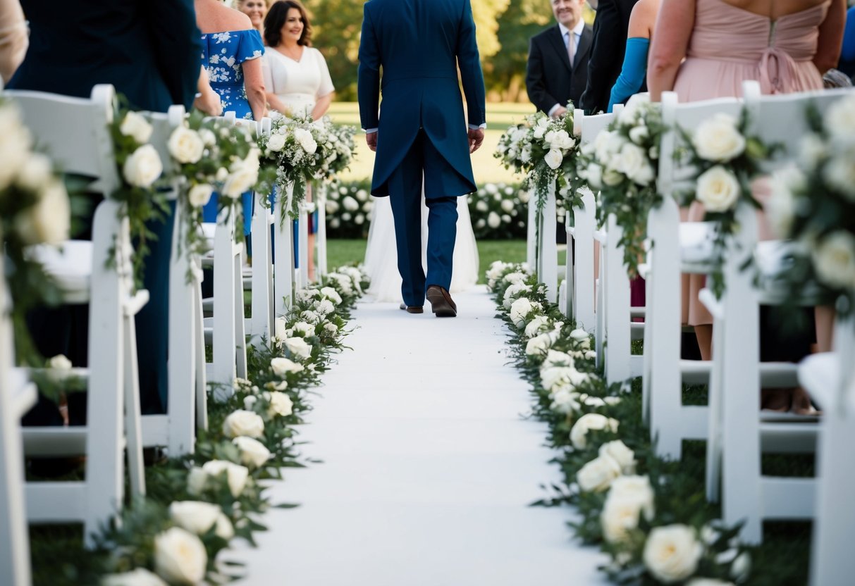 A figure stands at the end of a flower-lined aisle, waiting to guide the bride forward. The setting is serene and traditional, with a sense of anticipation in the air