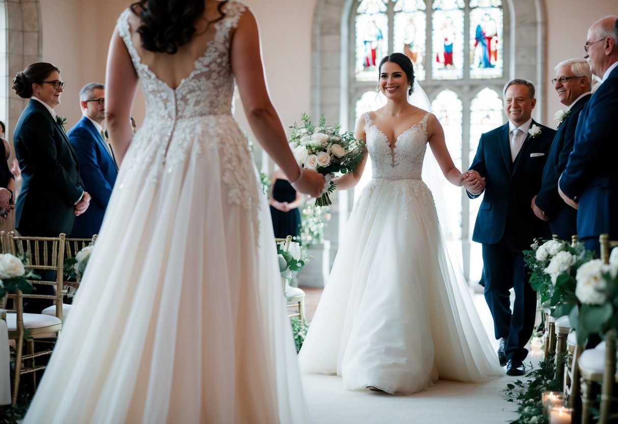 A figure in a flowing gown leads the bride down the aisle, radiating strength and support