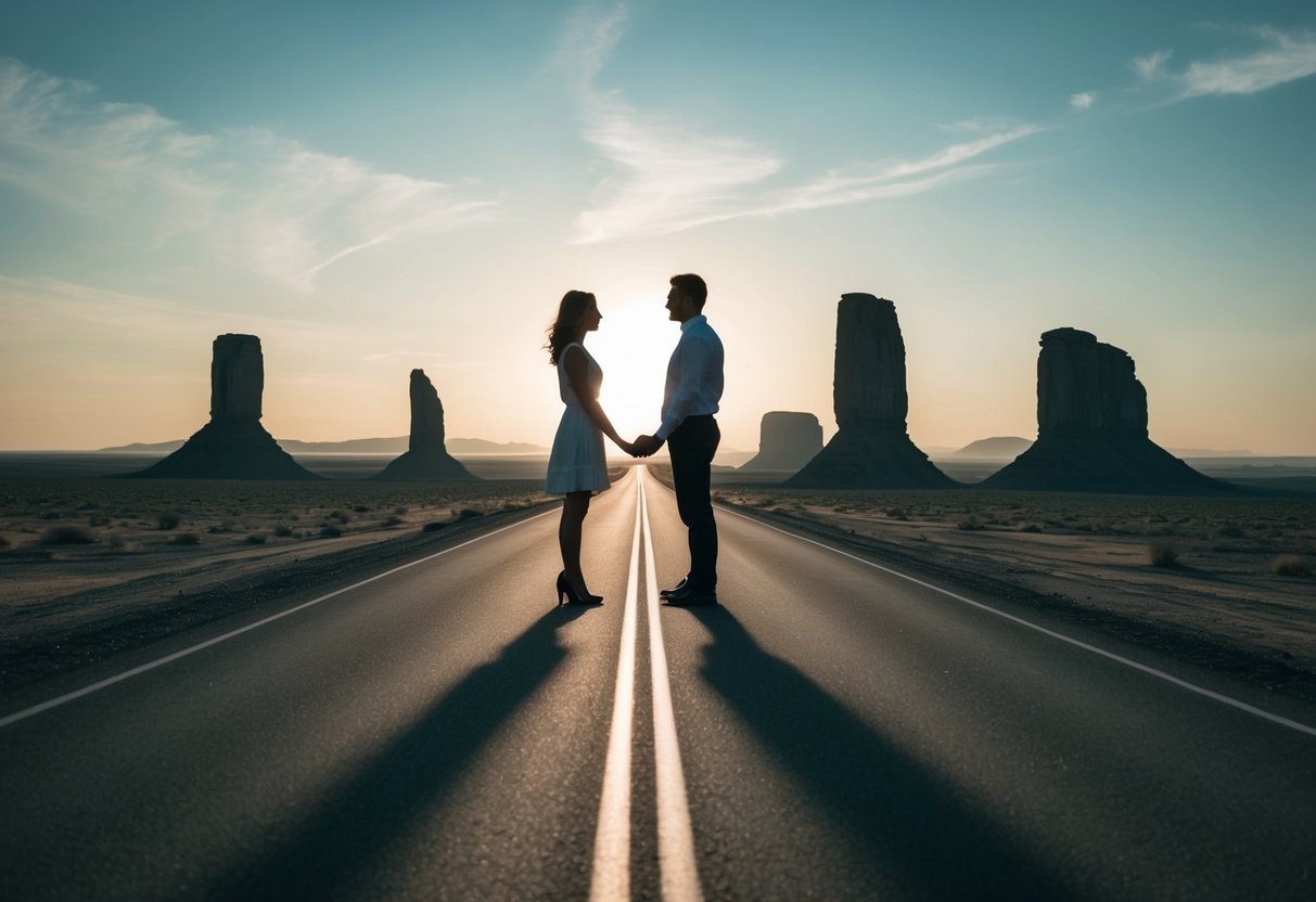 A couple's silhouettes on opposite sides of a vast, empty landscape, separated by a long, winding road and surrounded by towering obstacles