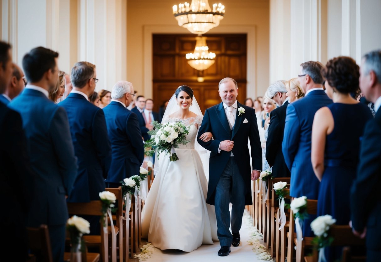 A figure in formal attire escorts the bride down the aisle