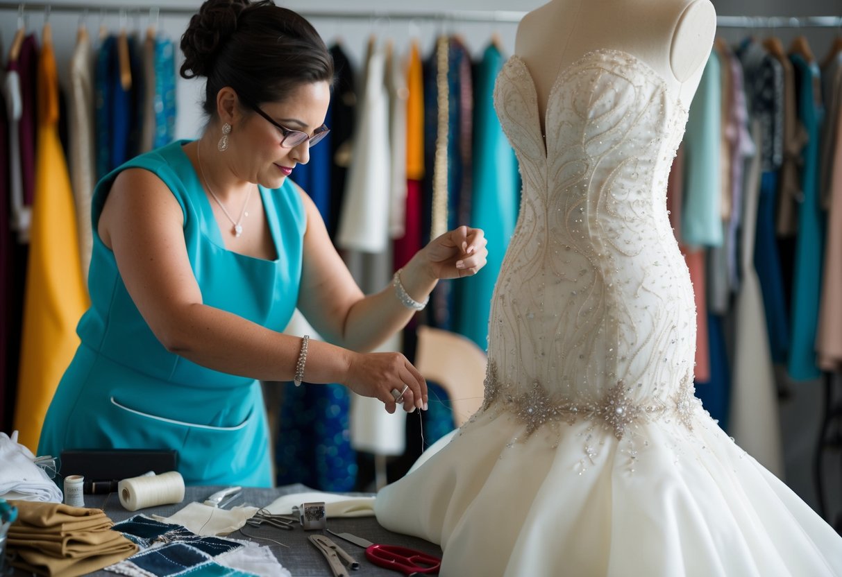 A seamstress carefully pins and adjusts a luxurious wedding dress on a dress form, surrounded by a clutter of sewing tools and fabric swatches