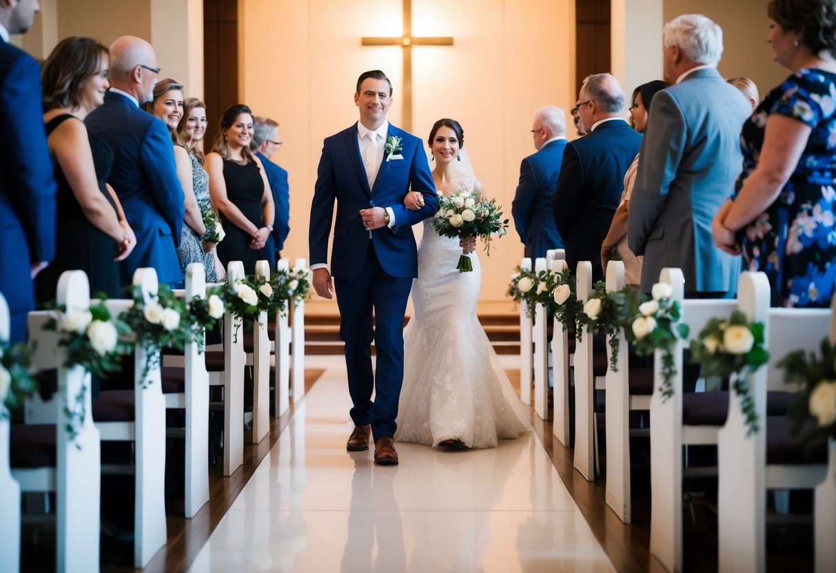 A lone figure walks confidently down the aisle, radiating strength and grace as they lead the bride to the altar