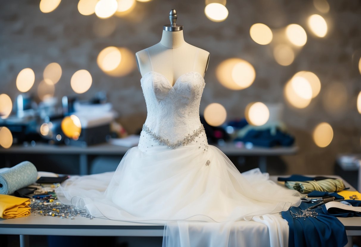 A wedding dress being fitted on a mannequin, surrounded by pins, fabric, and sewing tools on a cluttered work table