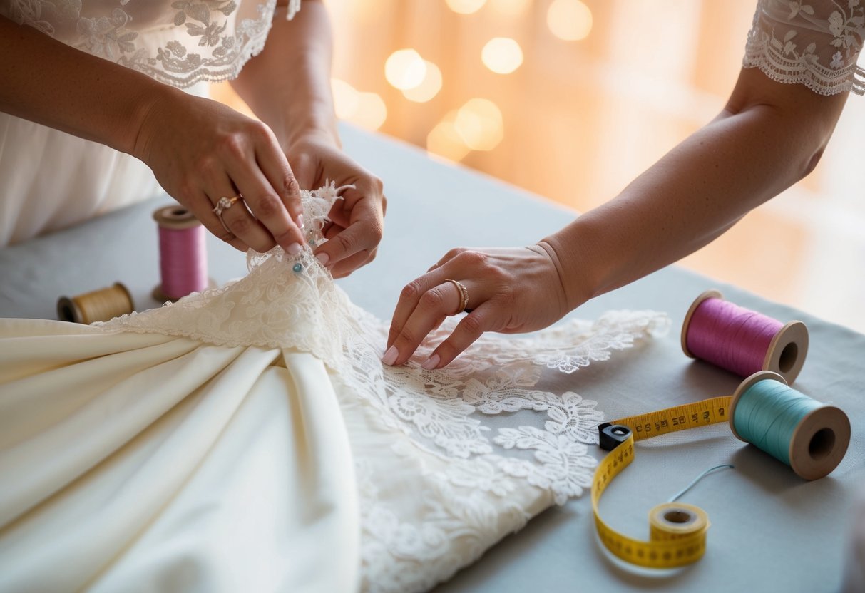 A seamstress carefully pinning and stitching delicate lace and fabric on a wedding dress, surrounded by spools of thread and a tape measure