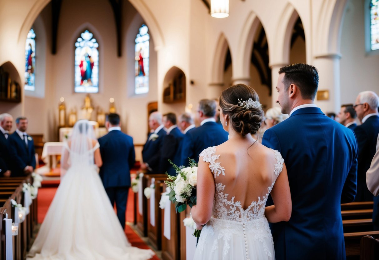 A bride stands on the left side of a church aisle, facing the altar