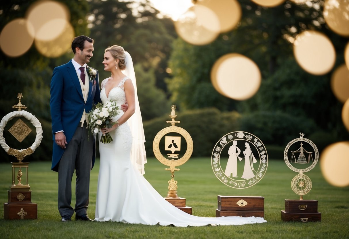 A bride stands to the left of a groom, surrounded by historical wedding symbols and decorations