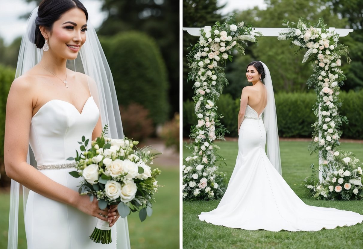 A bride in a modern wedding dress stands on the left side of a traditional wedding arch, surrounded by flowers and greenery