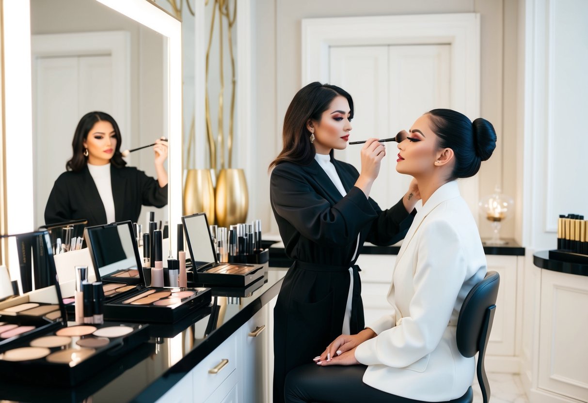 A luxurious, well-lit beauty studio with high-end makeup products arranged neatly on a counter. A professional makeup artist meticulously applies makeup to a model's face, surrounded by elegant decor