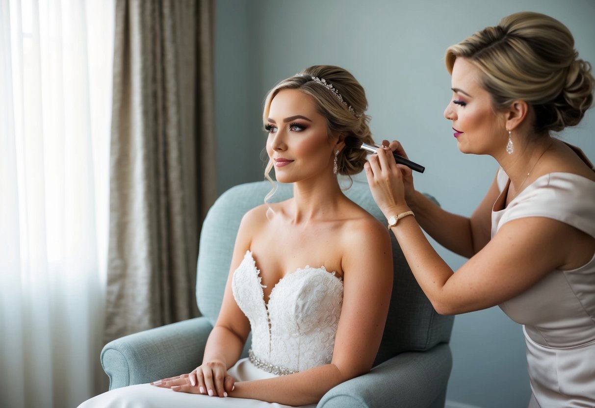 A bride sitting in a comfortable chair while a makeup artist meticulously applies various products to her face, creating a flawless and elegant bridal look