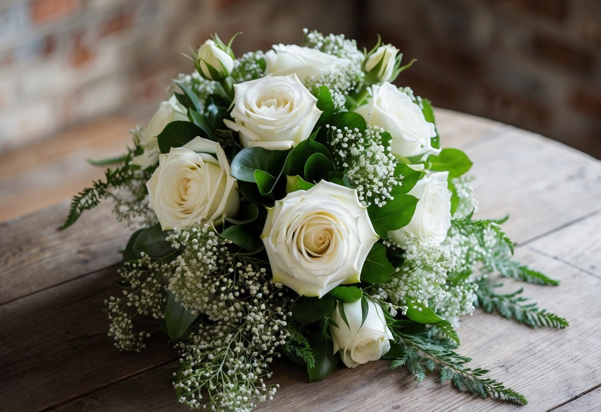 A lush bouquet of white roses and delicate baby's breath, accented with cascading greenery, sits on a rustic wooden table