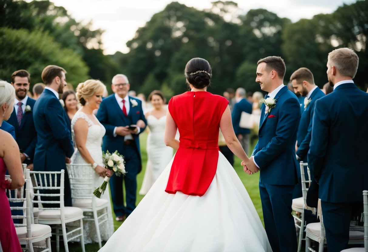 A wedding scene with guests in formal attire, where a person wearing red stands out and draws attention away from the bride and groom