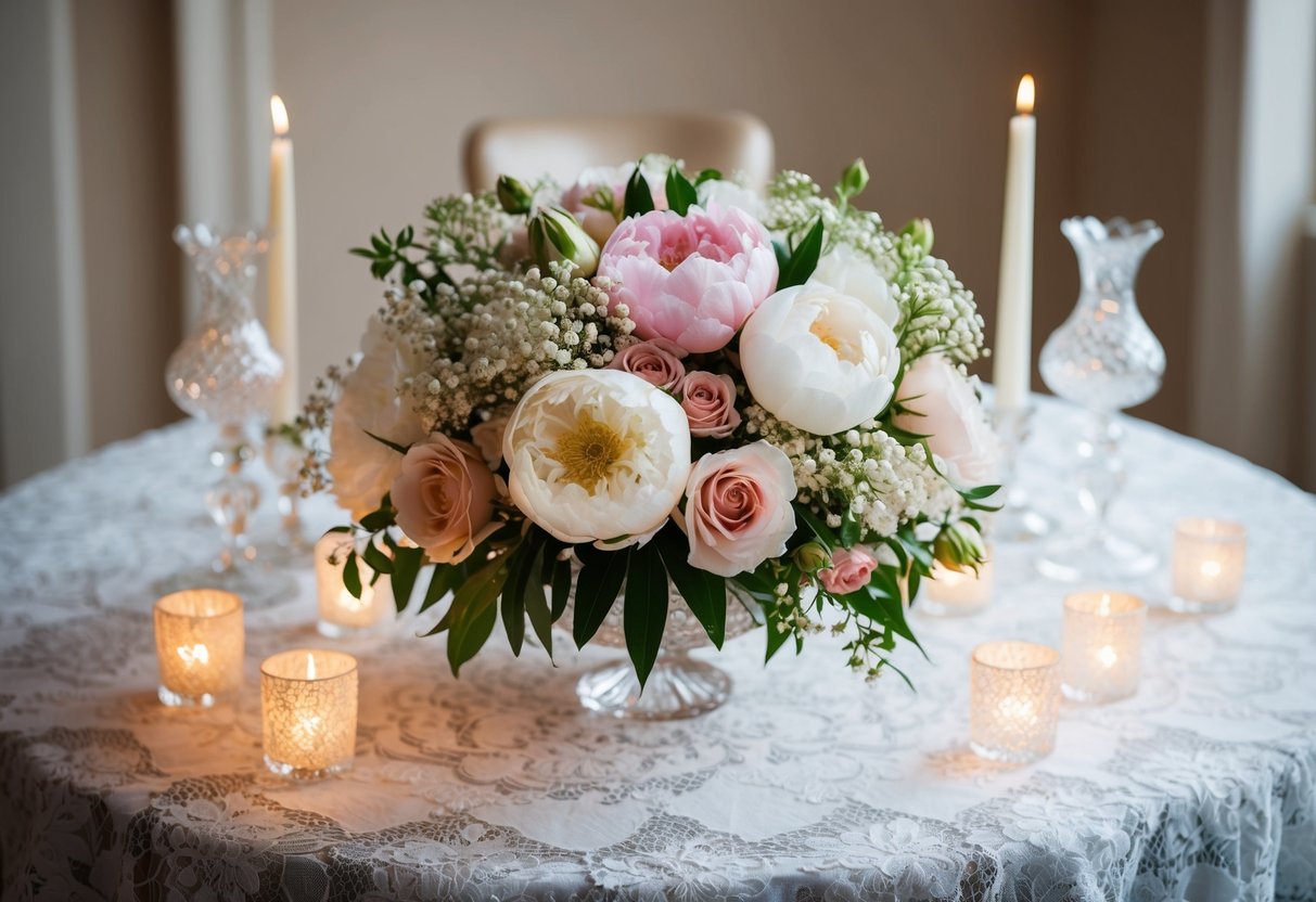 A lush bouquet of peonies, roses, and baby's breath sits atop a lace-covered table, surrounded by delicate crystal vases and twinkling tea lights
