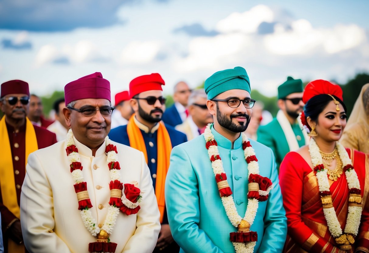 A wedding scene with guests wearing traditional attire in various colors, but no one is wearing red