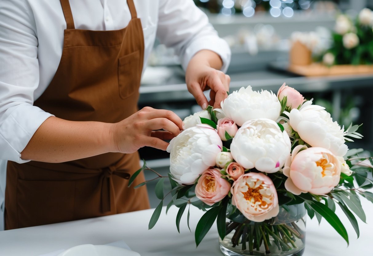 A florist carefully arranging a bouquet of white peonies and blush roses for a wedding centerpiece