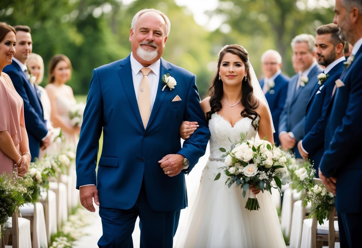 A father stands proudly beside his daughter as she walks down the aisle, offering her love, support, and guidance as she begins a new chapter in her life