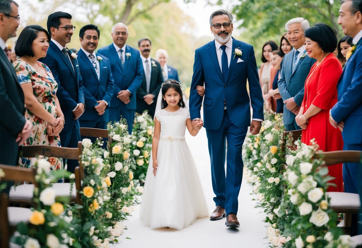 A father and daughter walking down a flower-lined aisle, surrounded by family and friends from different cultural backgrounds