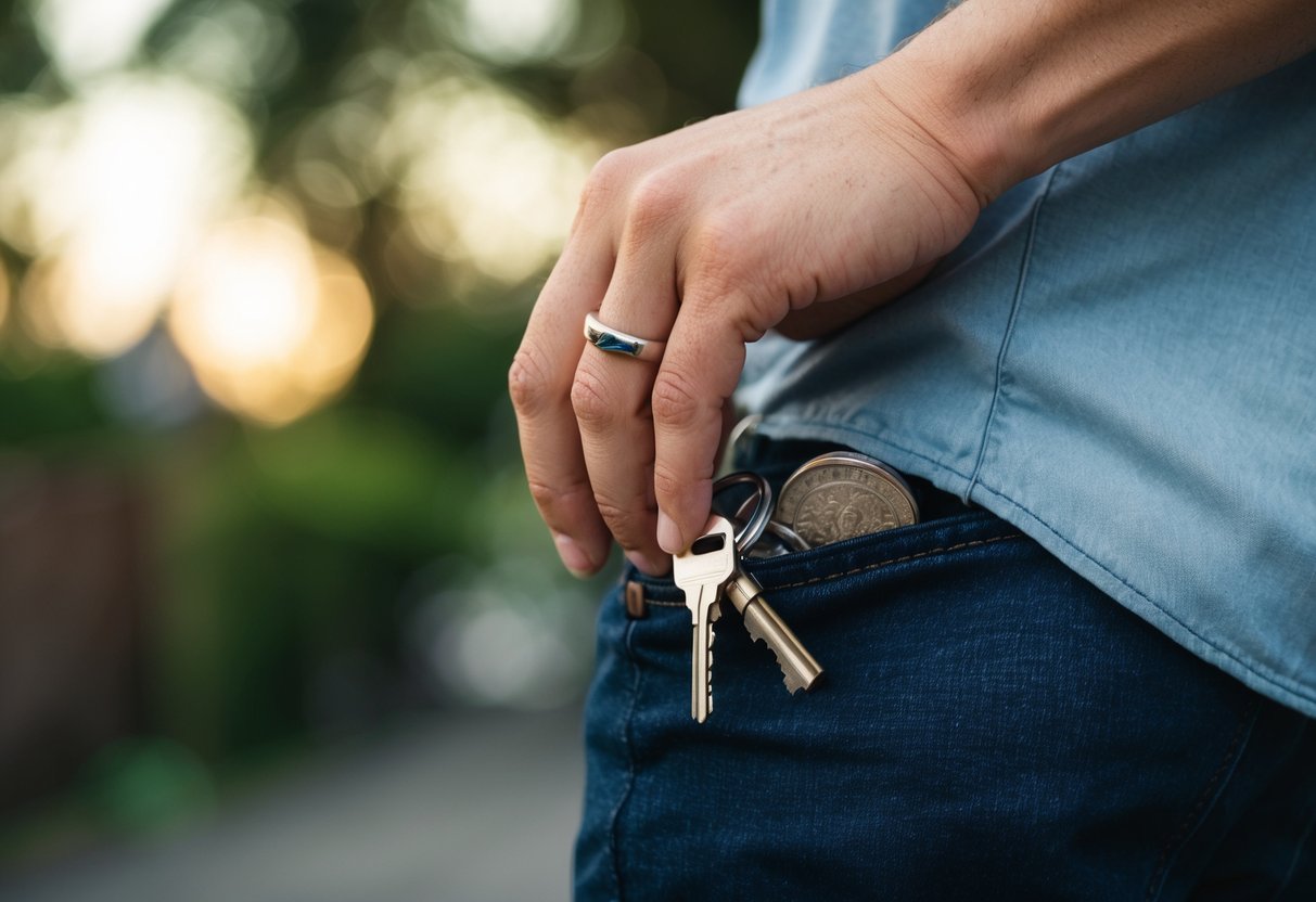 A man's hand reaching into a pocket, wedding ring visible but ignored amidst keys and loose change