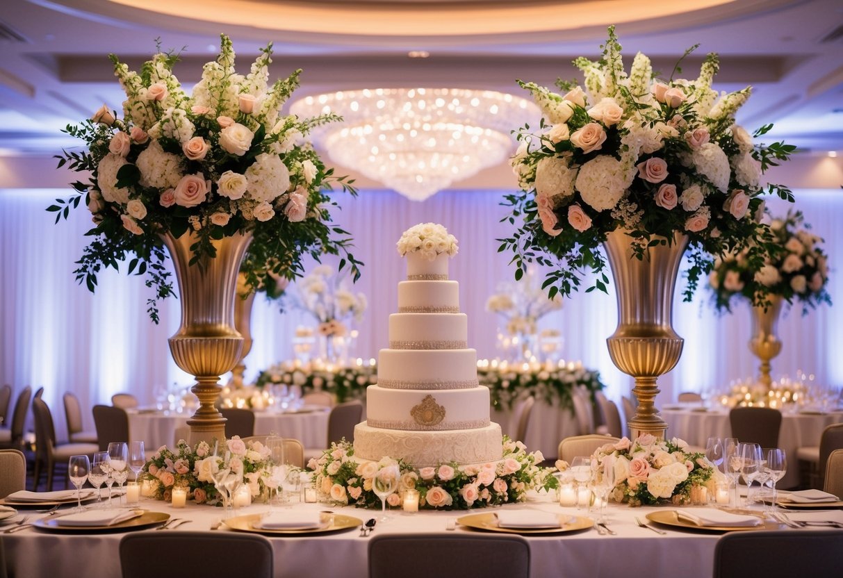 A lavish wedding reception with opulent floral centerpieces and a grand, tiered wedding cake as the focal point