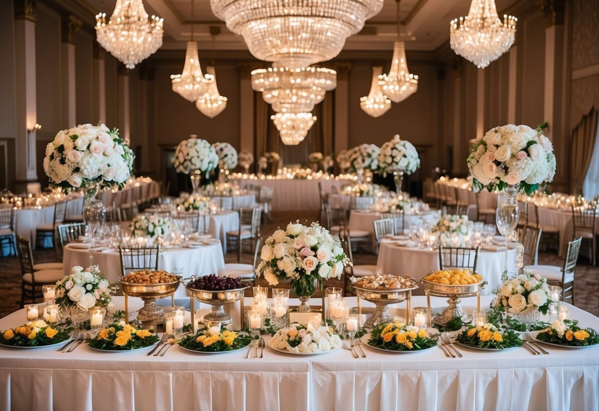 A lavish banquet hall adorned with elegant floral centerpieces, sparkling chandeliers, and a grand buffet spread, showcasing the opulence of a wedding reception