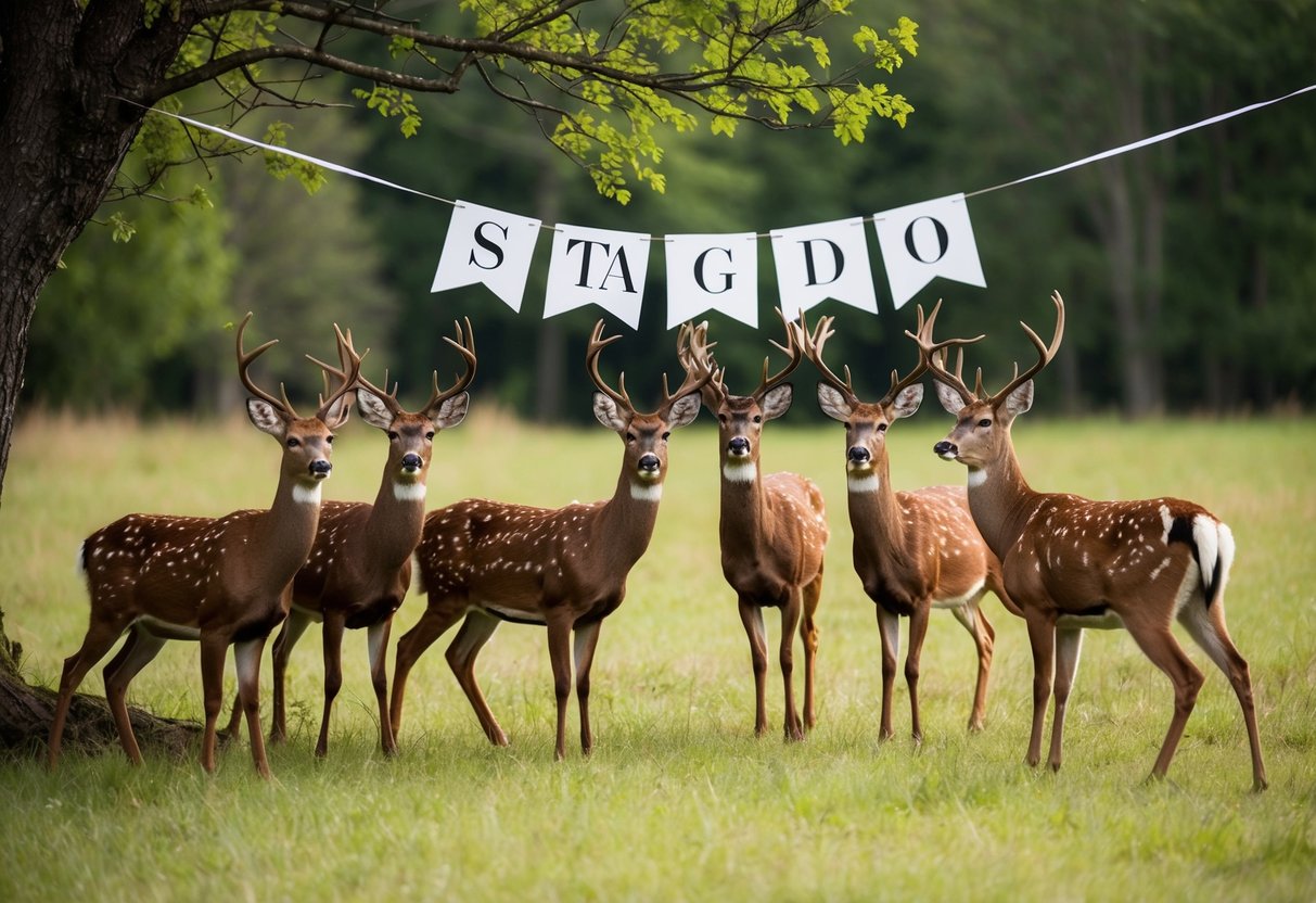 A group of male deer celebrating in a forest clearing with a banner reading "Stag Do" hanging from a tree