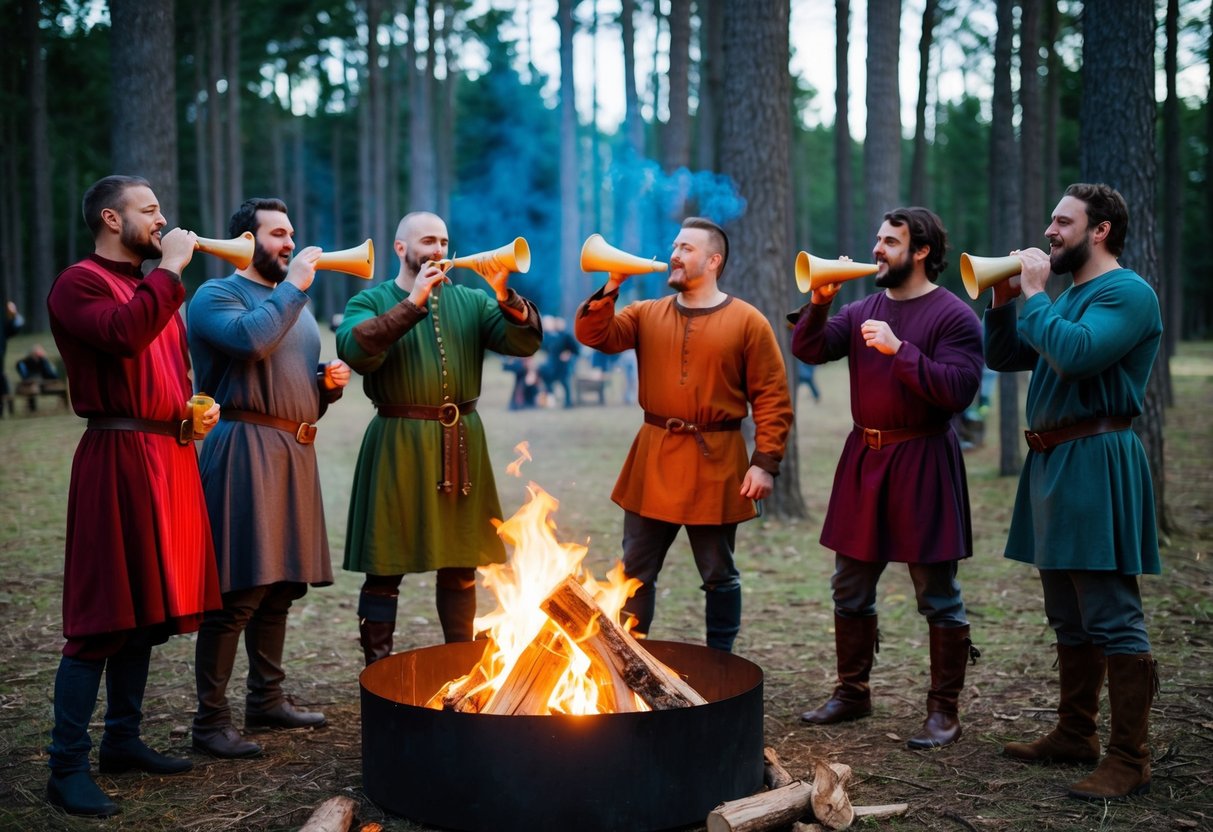 A group of men in medieval attire celebrating with drinking horns and feasting around a large bonfire in a forest clearing