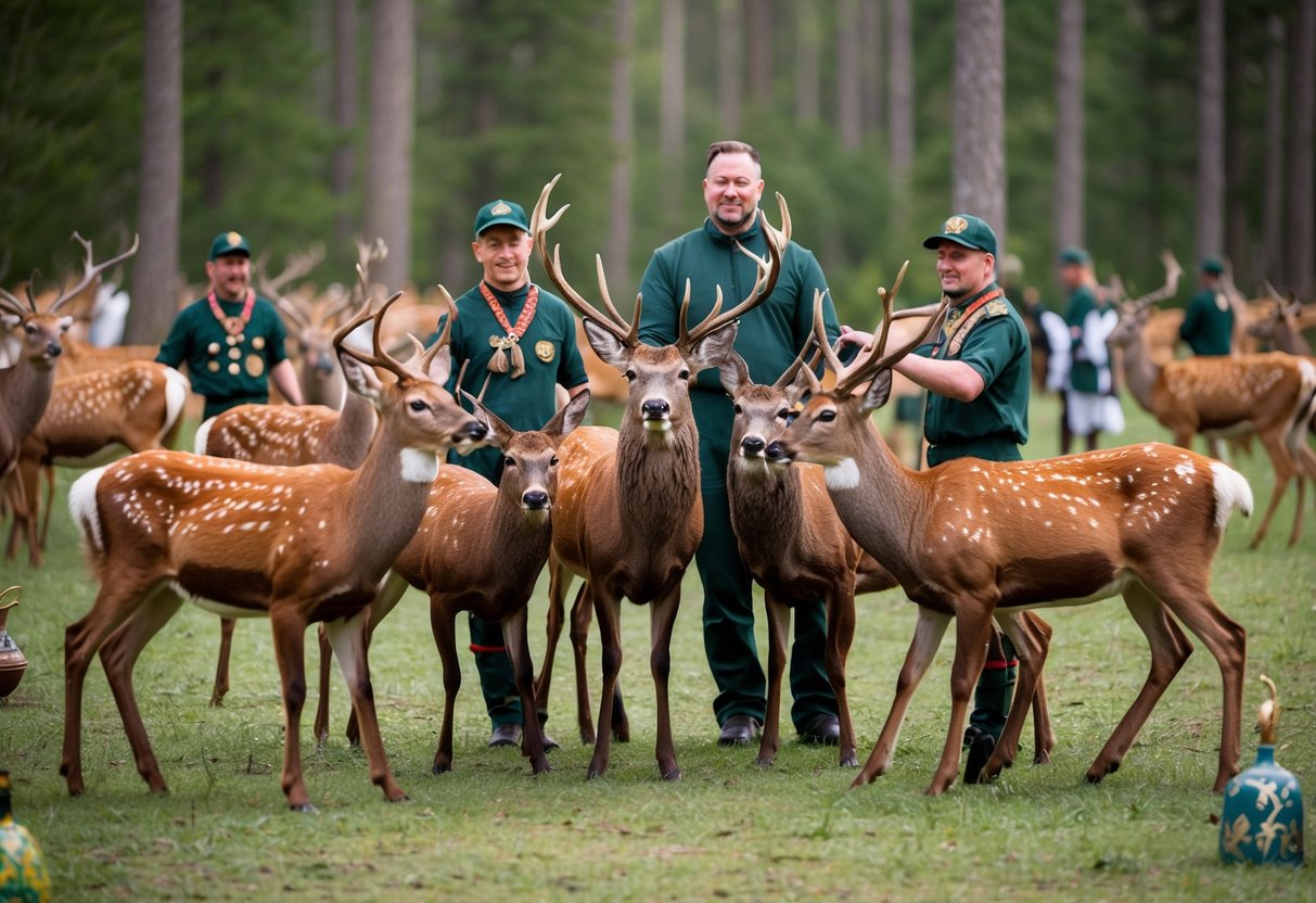 A group of male deer gather in a forest clearing, adorned with various cultural symbols and objects. The largest stag stands at the center, surrounded by smaller stags engaging in various activities