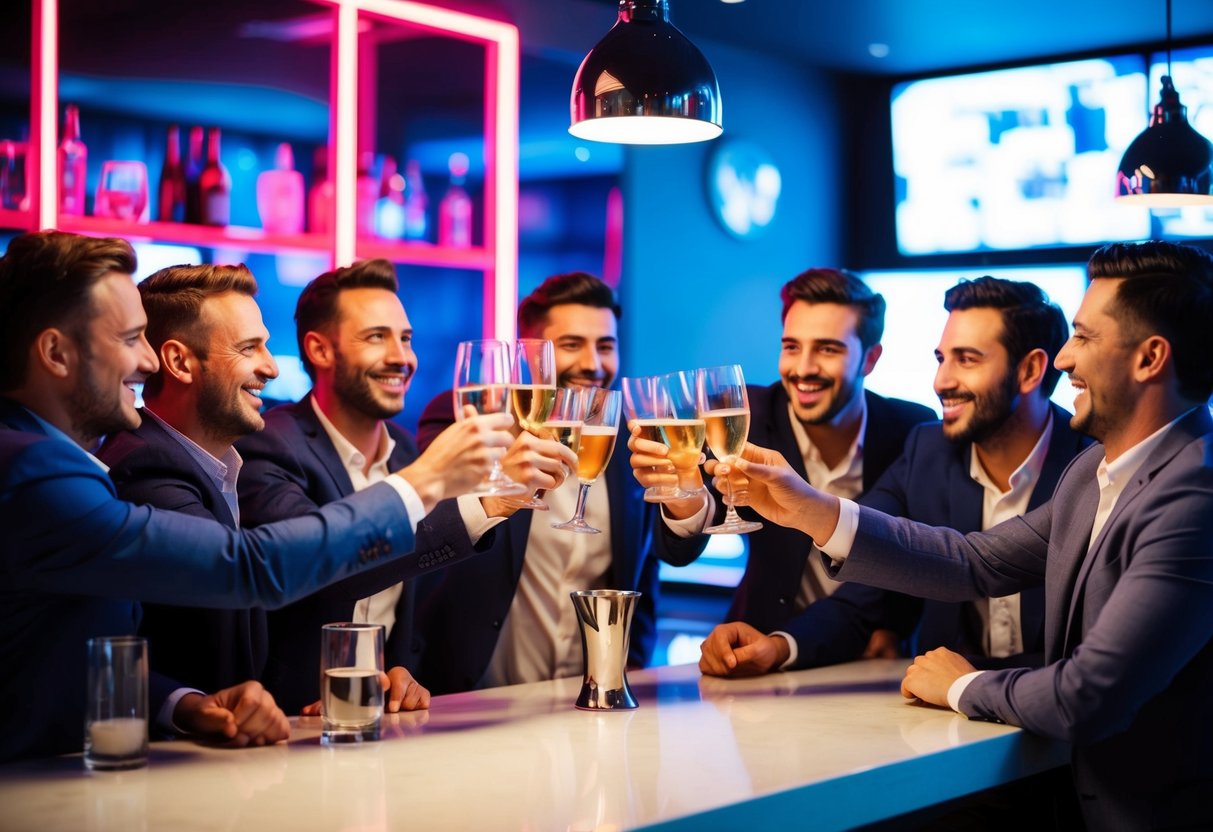 A group of men celebrate at a trendy bar, surrounded by neon lights and modern decor. They raise their glasses in a toast, laughing and enjoying themselves
