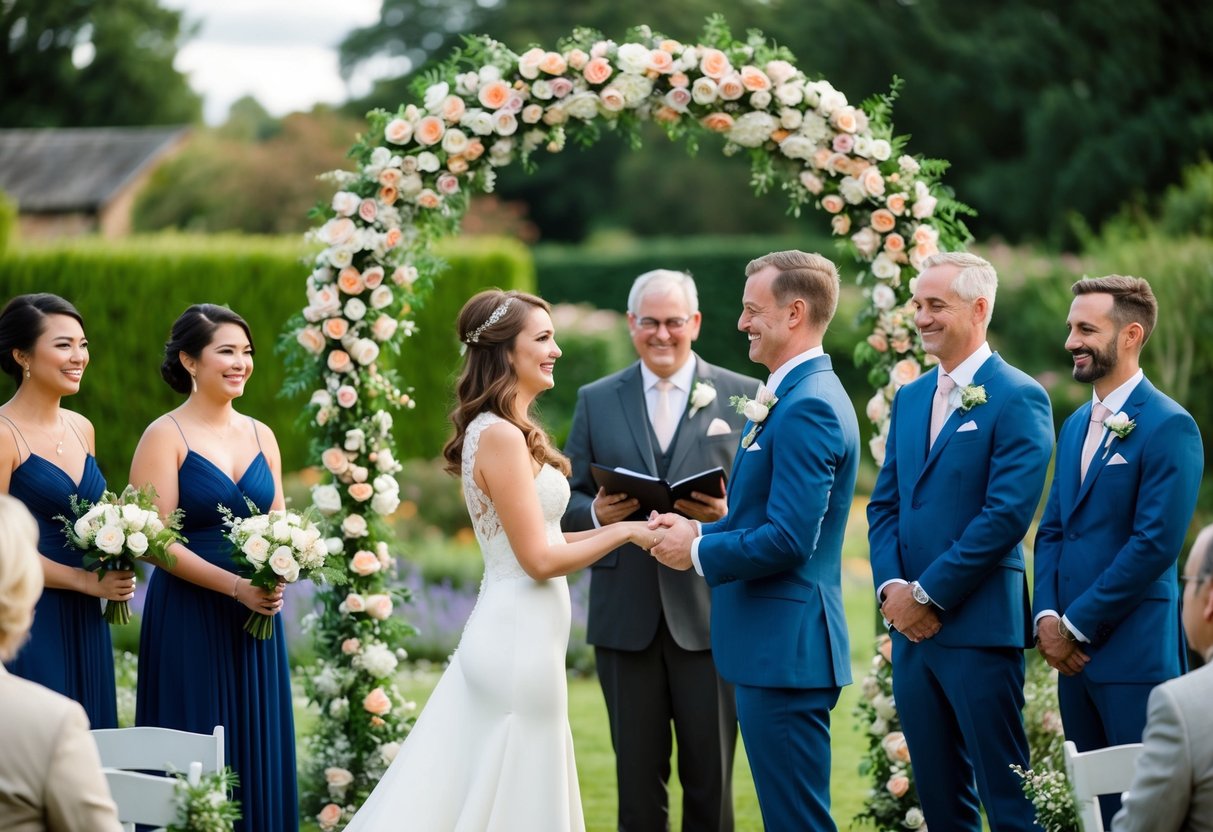 A couple stands in a garden under a floral arch, exchanging vows. Family and friends look on, holding bouquets and smiling
