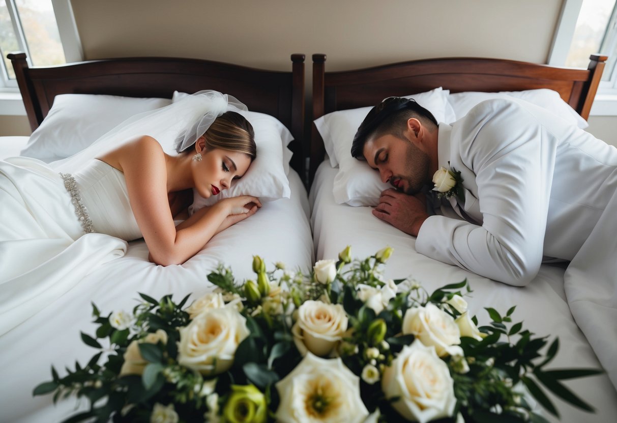 A bride and groom sleep in separate beds, each lost in thought, surrounded by wedding attire and flowers
