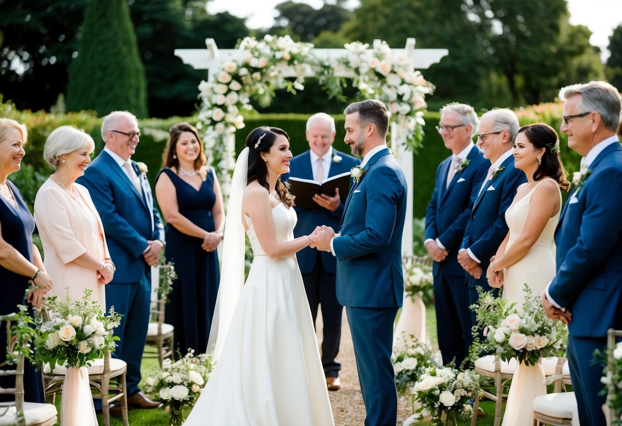 A couple stands in a beautifully decorated garden, surrounded by friends and family. They exchange vows once again, symbolizing their continued commitment to each other