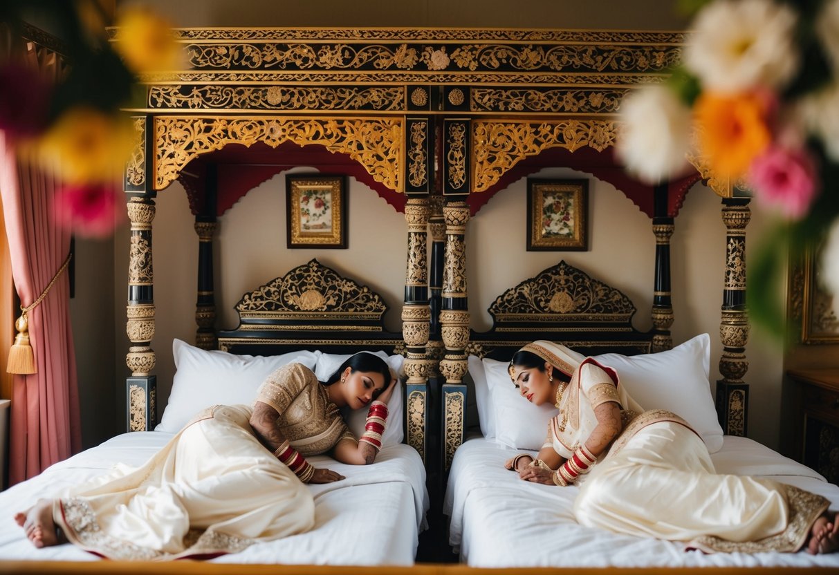 A bride and groom sleeping in separate traditional beds in a ornately decorated room, symbolizing cultural significance