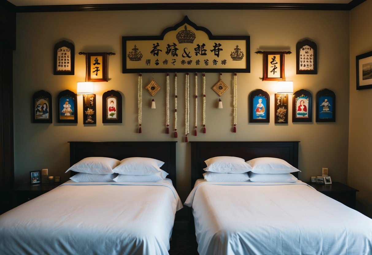 A bride and groom's separate beds in a dimly lit room, with traditional symbols of marriage and family displayed on the walls