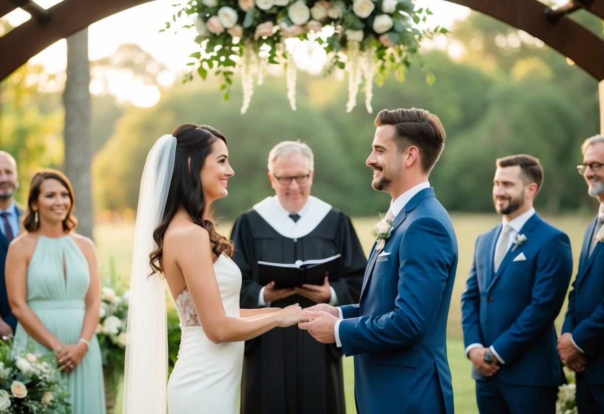 A couple standing together in front of an officiant, exchanging vows and rings with guests watching in a serene outdoor setting